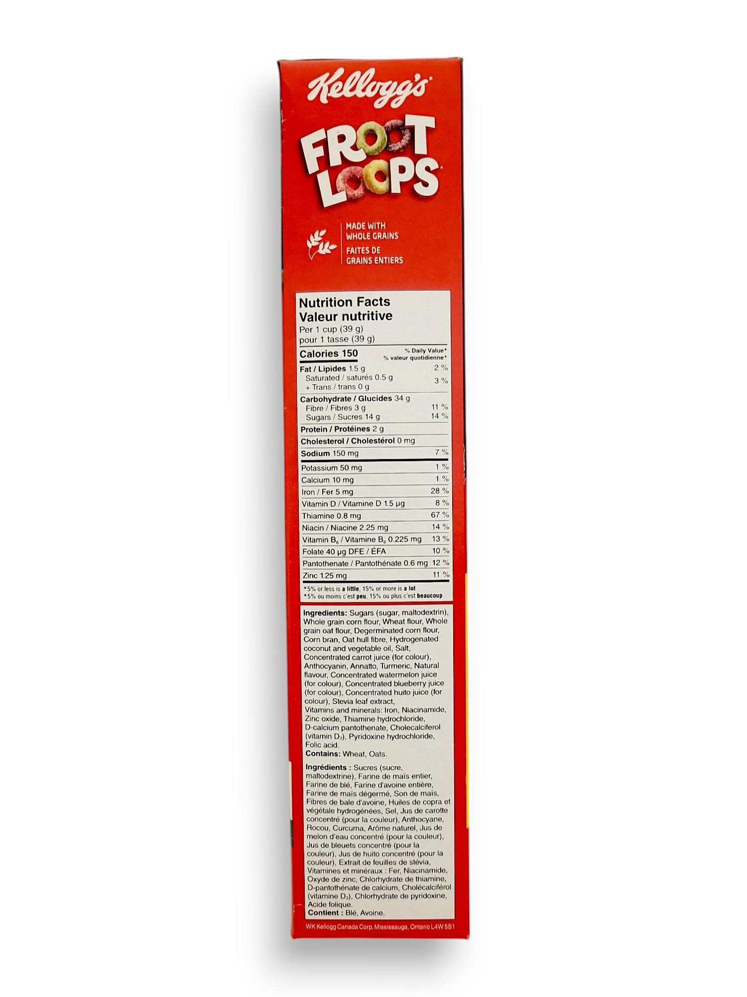 Side of Kellogg's Froot Loops Cereal, Family Size, 480g/1.06 lb., Box